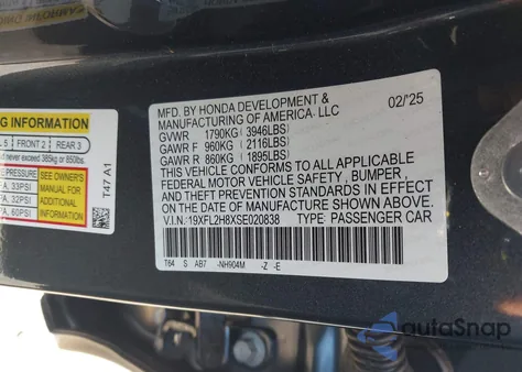 2025 Honda Civic Sport from USA, damaged, VIN 19XFL2H8XSE020838